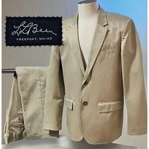 L.L. Bean Men’s 100% Cotton Twill Tan Khaki Suit - Sport Coat (42) & Pants (32)